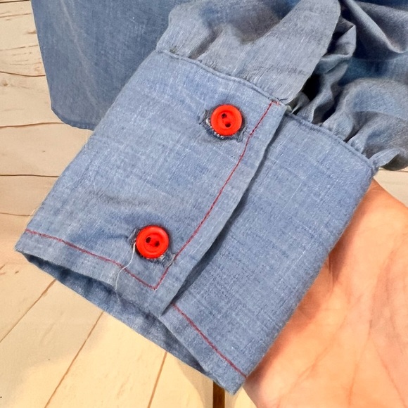 Vintage Boho Chambray Strawberry Embroidered Western Button Down Shirt - Picture 2 of 6